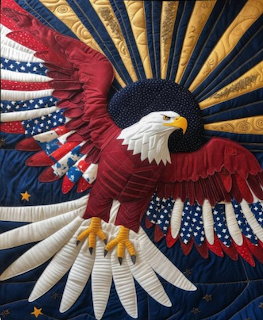 Patriotic quilt of a bald eagle in flight with red, white, and blue American flag wing patterns and gold sunburst background