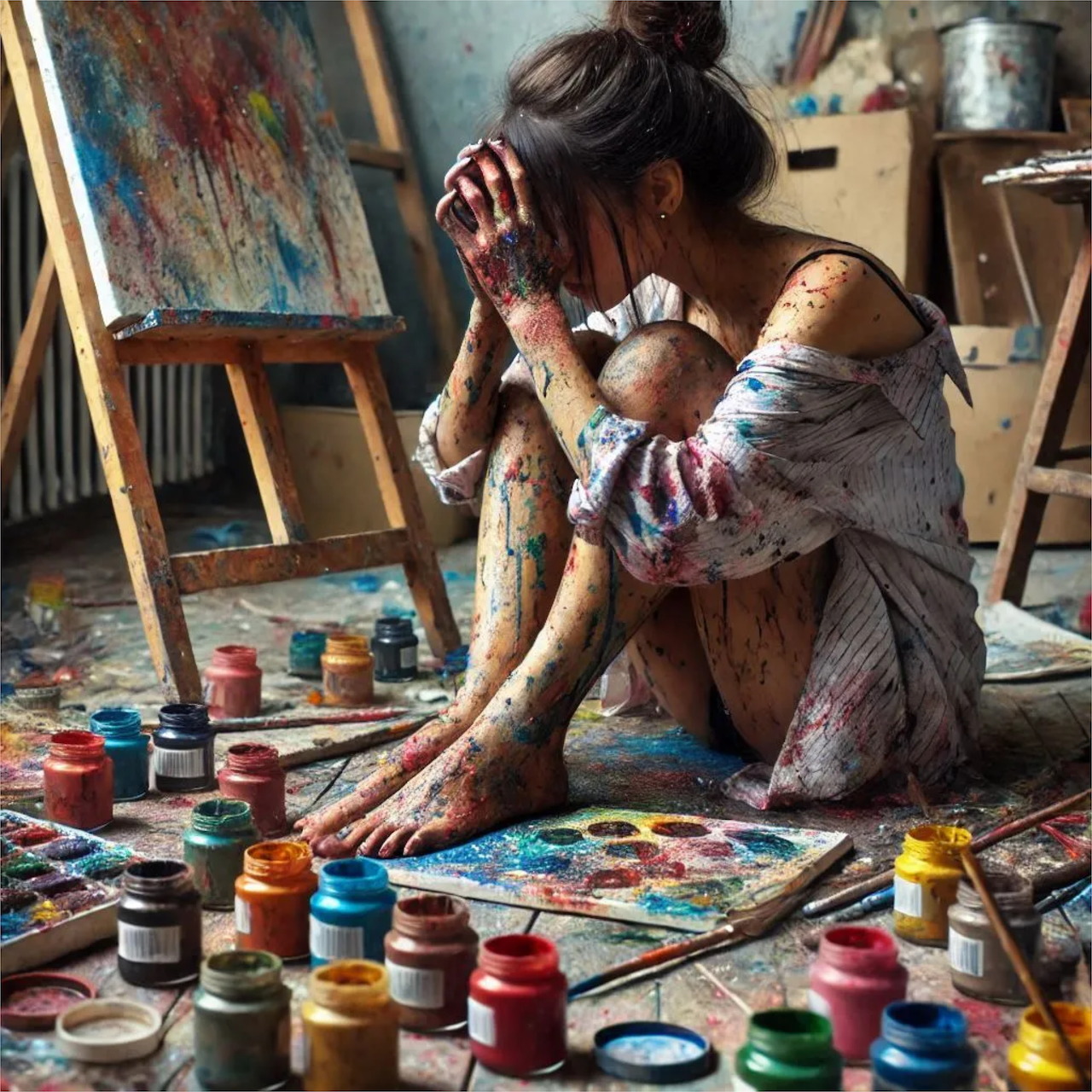 Paint-Covered Artist in Studio