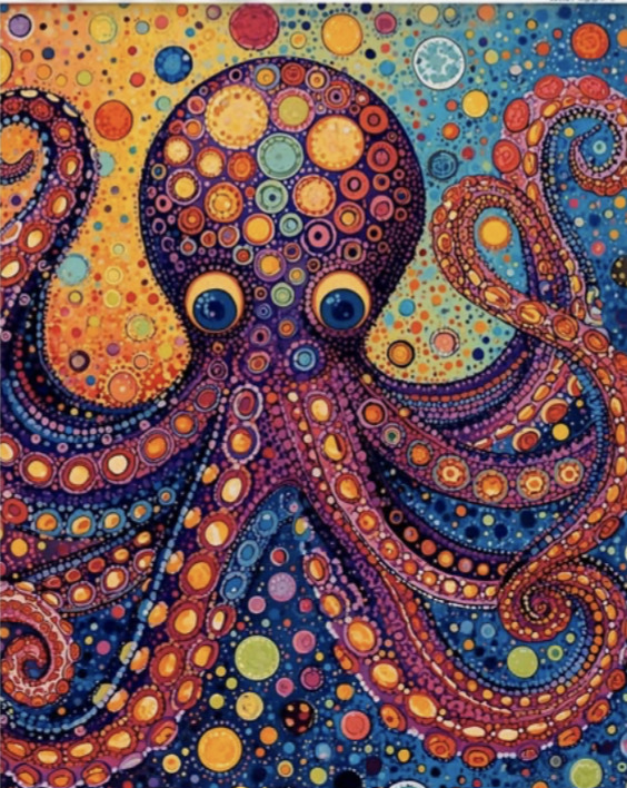 Colorful octopus illustration made of circular dot patterns in orange, blue, purple, and yellow