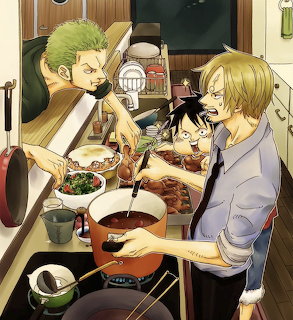 Four anime characters sharing a meal at a kitchen table with food and drinks