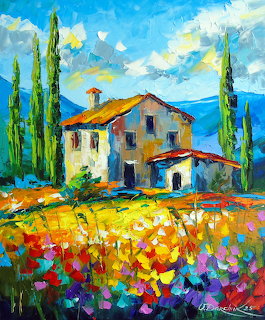Impressionist painting of Mediterranean villa with cypress trees and colorful flower field