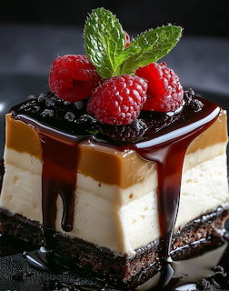 Layered cheesecake dessert with berries, chocolate sauce and mint garnish