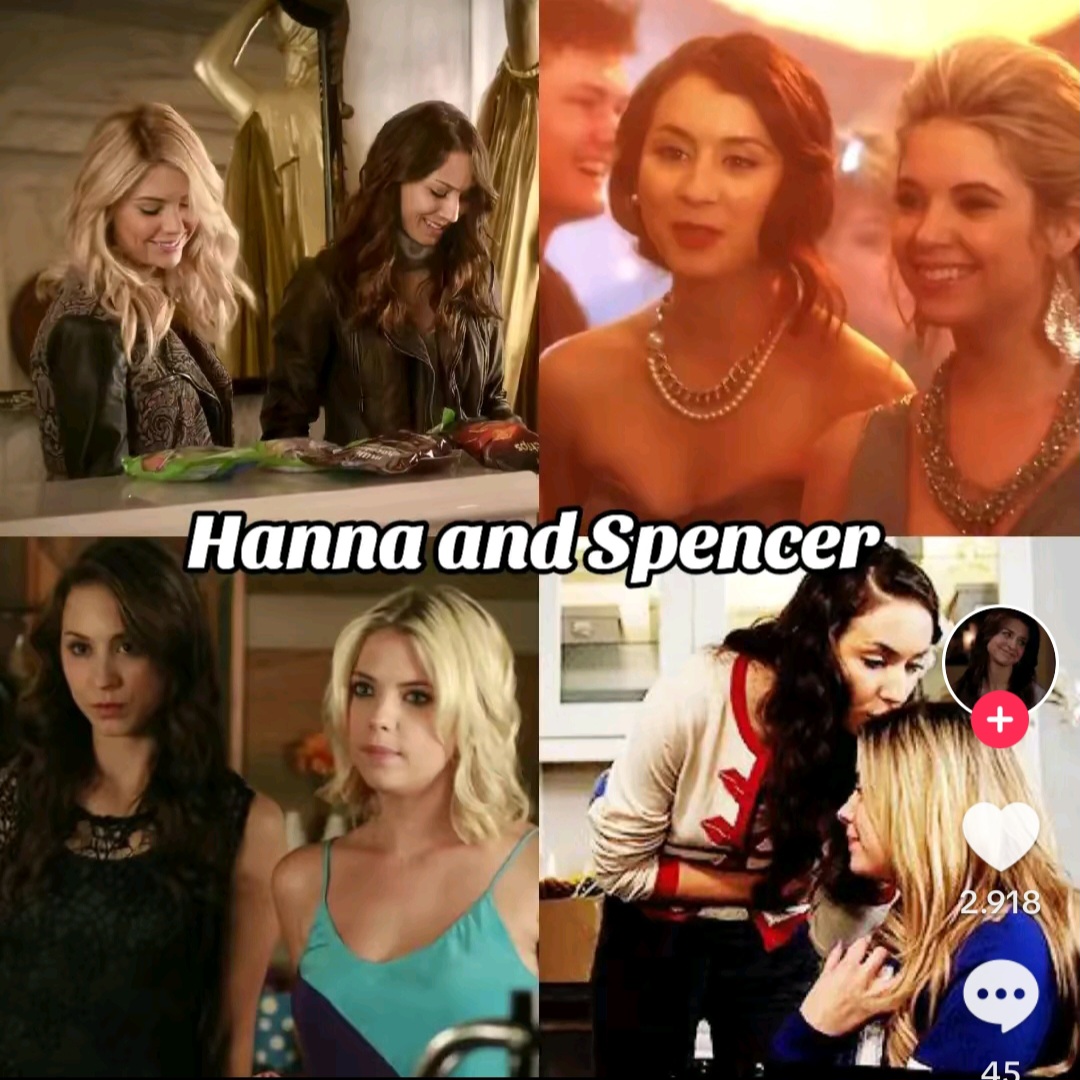 Collage of two young women in several scenes with the text Hanna and Spencer