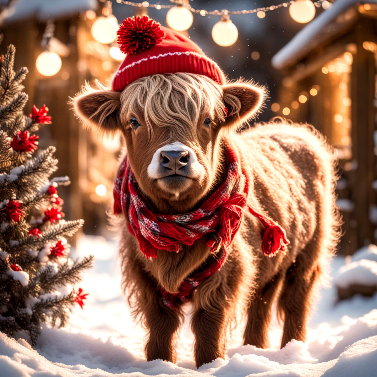 Highland cattle calf in red winter hat and scarf standing in snow beside small Christmas tree with glowing lights