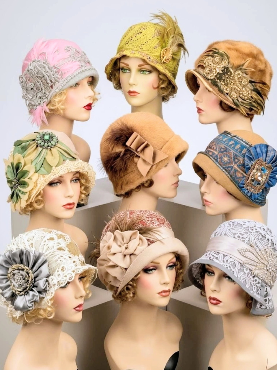 Vintage illustration of eight women wearing decorated 1920s cloche hats