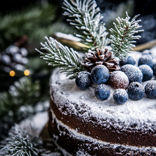 Chocolate cake with powdered sugar, blueberries, pine sprigs, and a pine cone