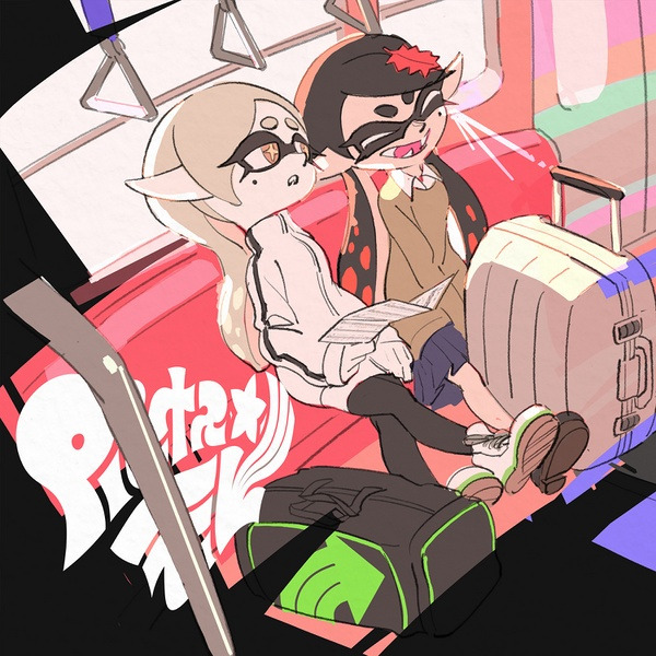 Two anime-style characters with distinctive hairstyles sitting close together in a colorful scene