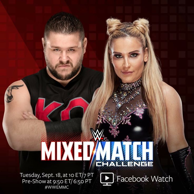 Kevin Owens and Charlotte Flair in a wrestling promo poster with a red background