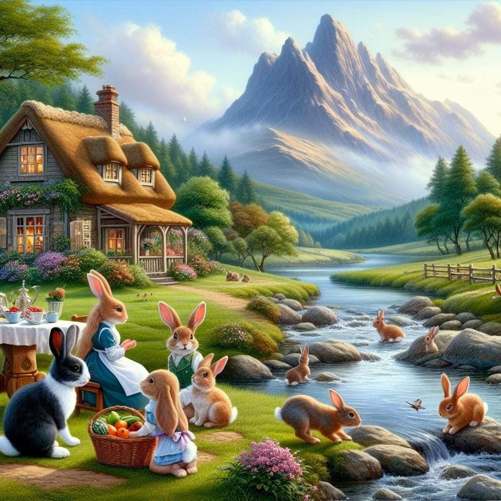 Easter bunnies with baskets by a stream near a cottage with mountains behind