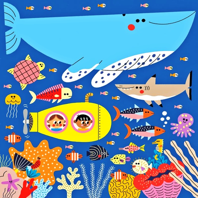 Illustrated underwater ocean scene with whale, yellow submarine, sea creatures, and coral reef on blue background
