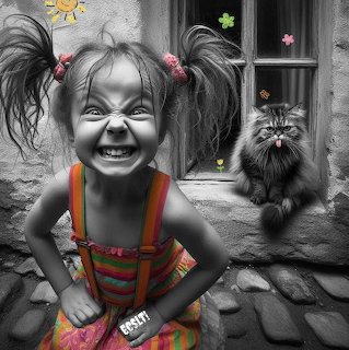 Monochrome image of smiling girl in rainbow overalls standing beside gray cat near window with colorful butterflies