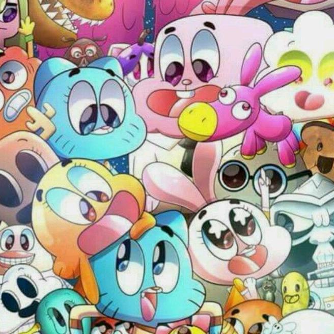 Colorful cartoon collage of Gumball and other animated characters packed closely together