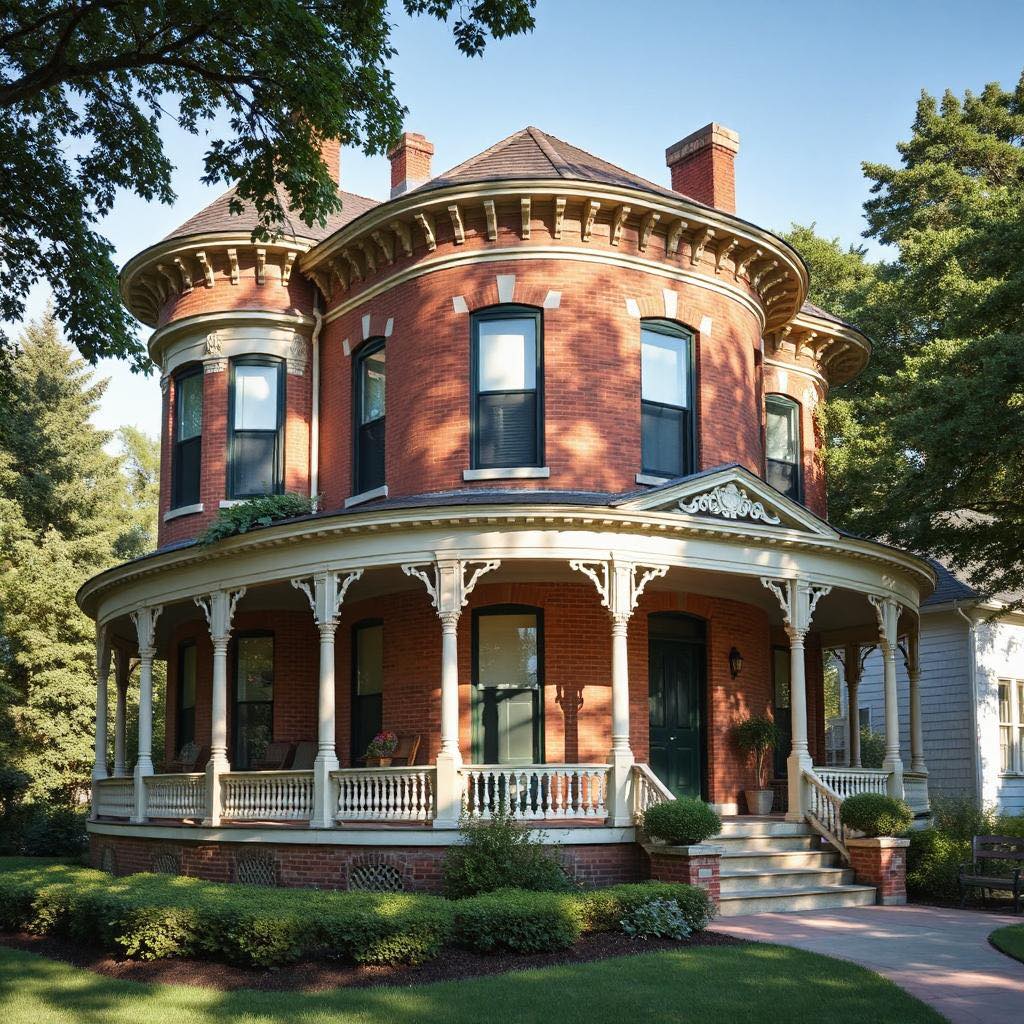 Two-story Victorian brick mansion with turret and wraparound porch on sunny day