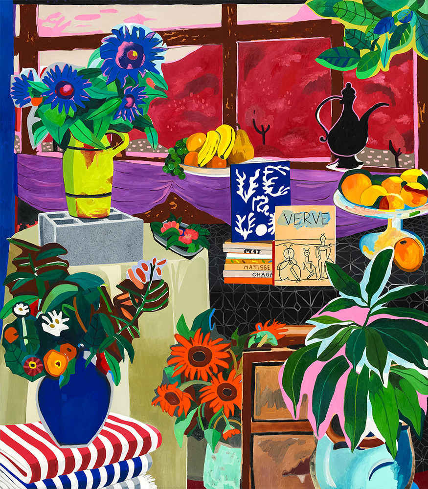 Colorful painting of flowers in vases, fruits, and decorative items on tables with patterned surfaces and a window view
