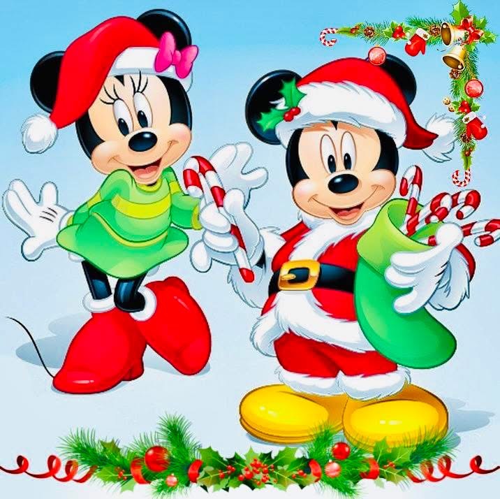 Mickey and Minnie Mouse wearing Santa hats and holiday outfits with candy canes and Christmas decorations