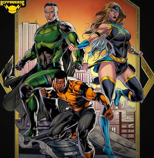Three superheroes in green, black, and blue costumes posed dynamically against city skyline