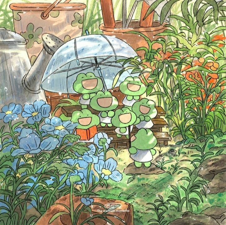 Illustration of singing frogs gathered in a colorful garden with flowers and an umbrella