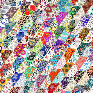 Colorful collage of narrow strips with abstract patterns, doodles, florals, and patchwork designs