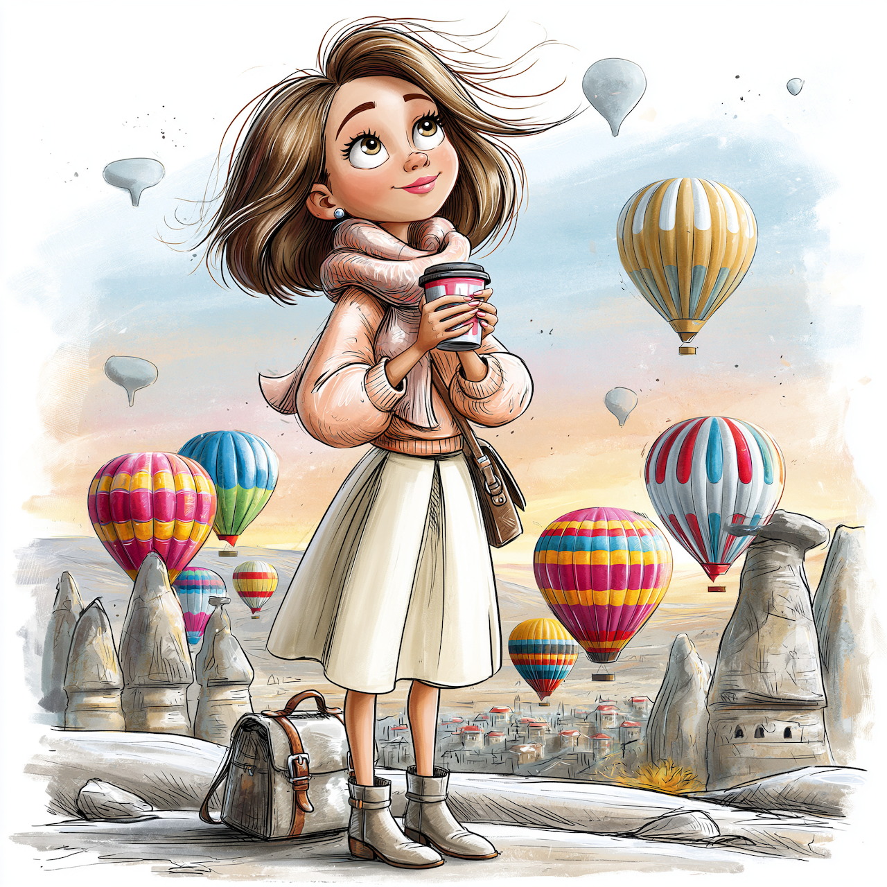 Illustrated girl in white dress with coffee, colorful hot air balloons in sky behind her over village