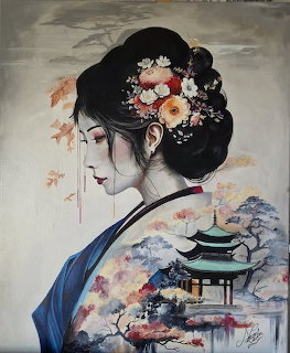 Painting of a Japanese geisha in profile with flowers in her hair and a pagoda on her clothing