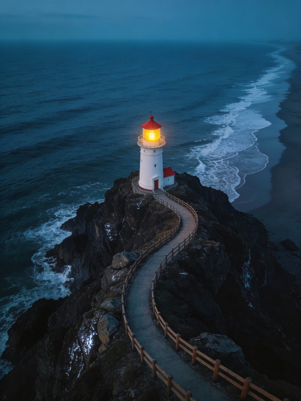 Illuminated lighthouse on a rocky coastal cliff at dusk with a winding path and ocean waves