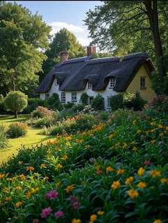 Thatched roof cottage with white walls behind vibrant flower garden and green lawn under trees
