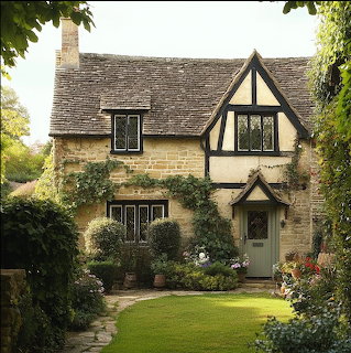 Traditional stone cottage with timber framing, garden and lawn