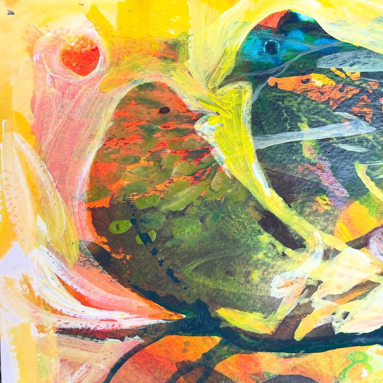 Abstract painting of two colorful birds with teal, pink, yellow and orange brushstrokes in whimsical style