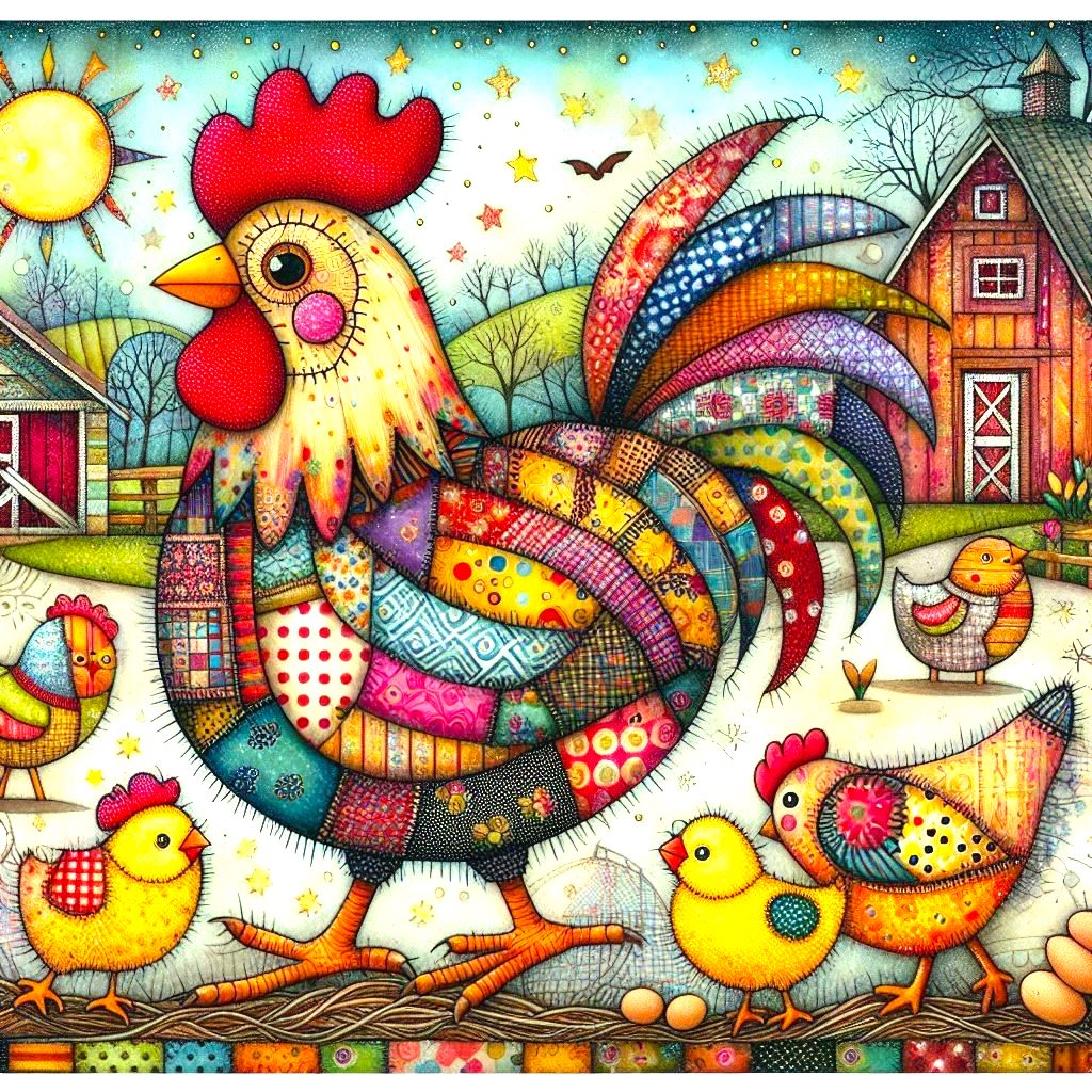 Colorful folk art rooster with patterned feathers, chicks, and farm buildings in whimsical style