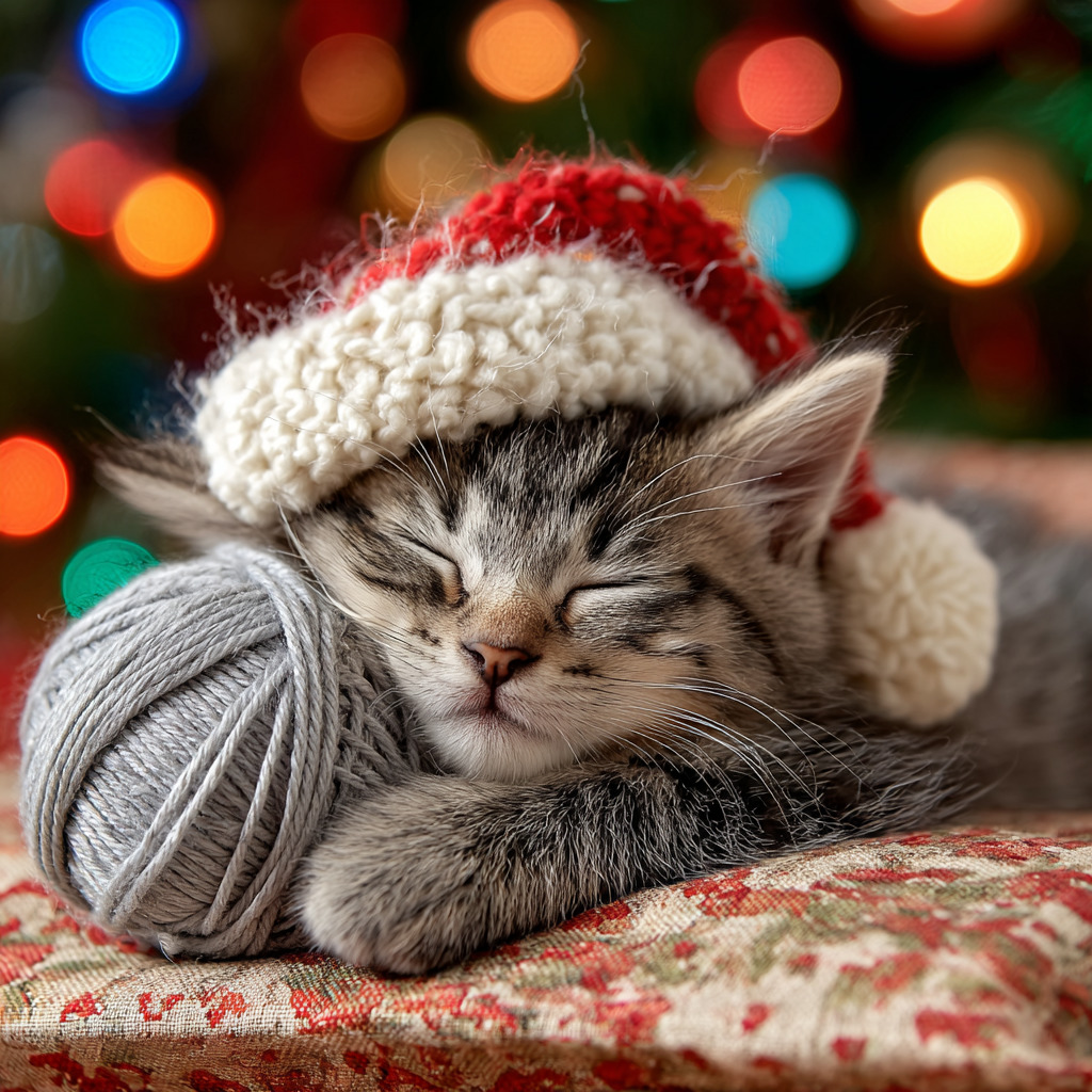 Tabby kitten in Santa hat sleeping with colorful bokeh lights behind