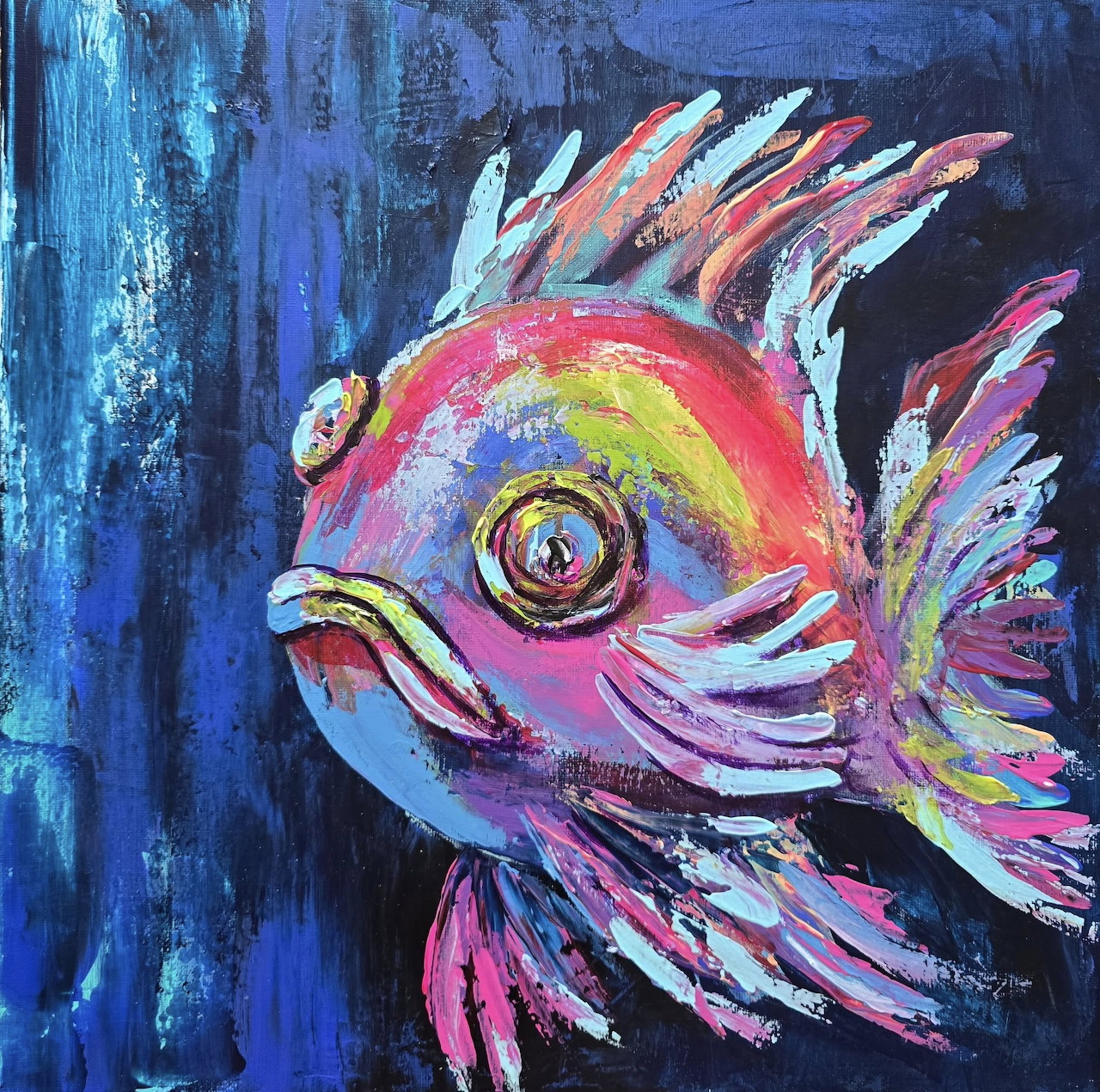 Abstract painting of a colorful fish with pink and yellow scales on blue background
