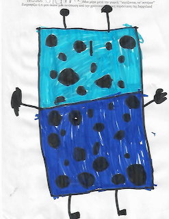 Child's crayon drawing of a rectangular robot with teal top, blue bottom, black spots, and stick limbs