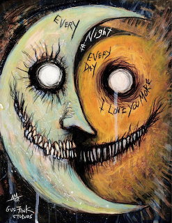 Surreal painted crescent moon face split into night and day with handwritten text and a stitched smile