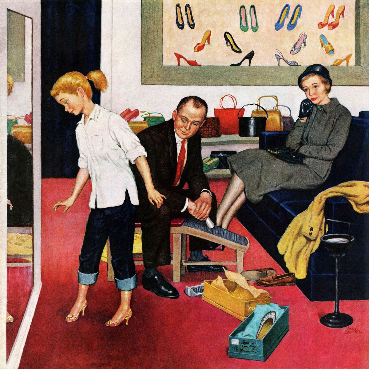 Vintage-style painting of a woman trying on shoes beside a seated couple in a shoe store