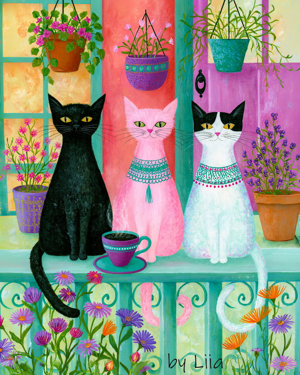 Three Cats with Flowers