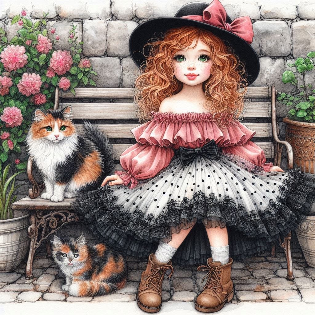 Girl with Cats on Bench