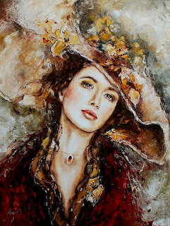 Oil painting of woman in wide-brimmed hat decorated with golden flowers, warm color palette