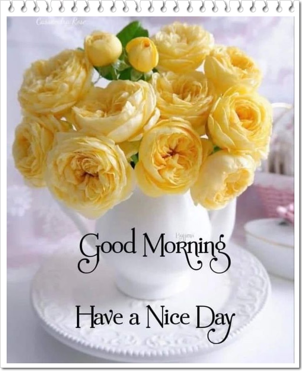 White vase with yellow roses and 'Good Morning Have a Nice Day' text greeting card