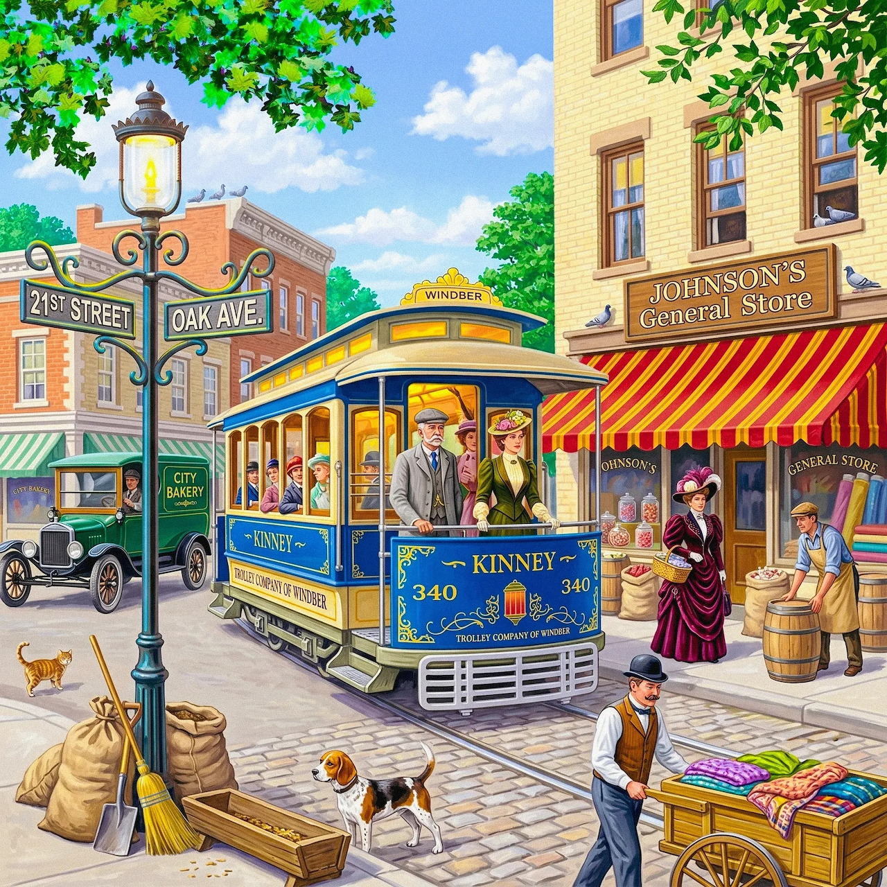 Vintage trolley stopped at corner store with shoppers and old-fashioned street lamp