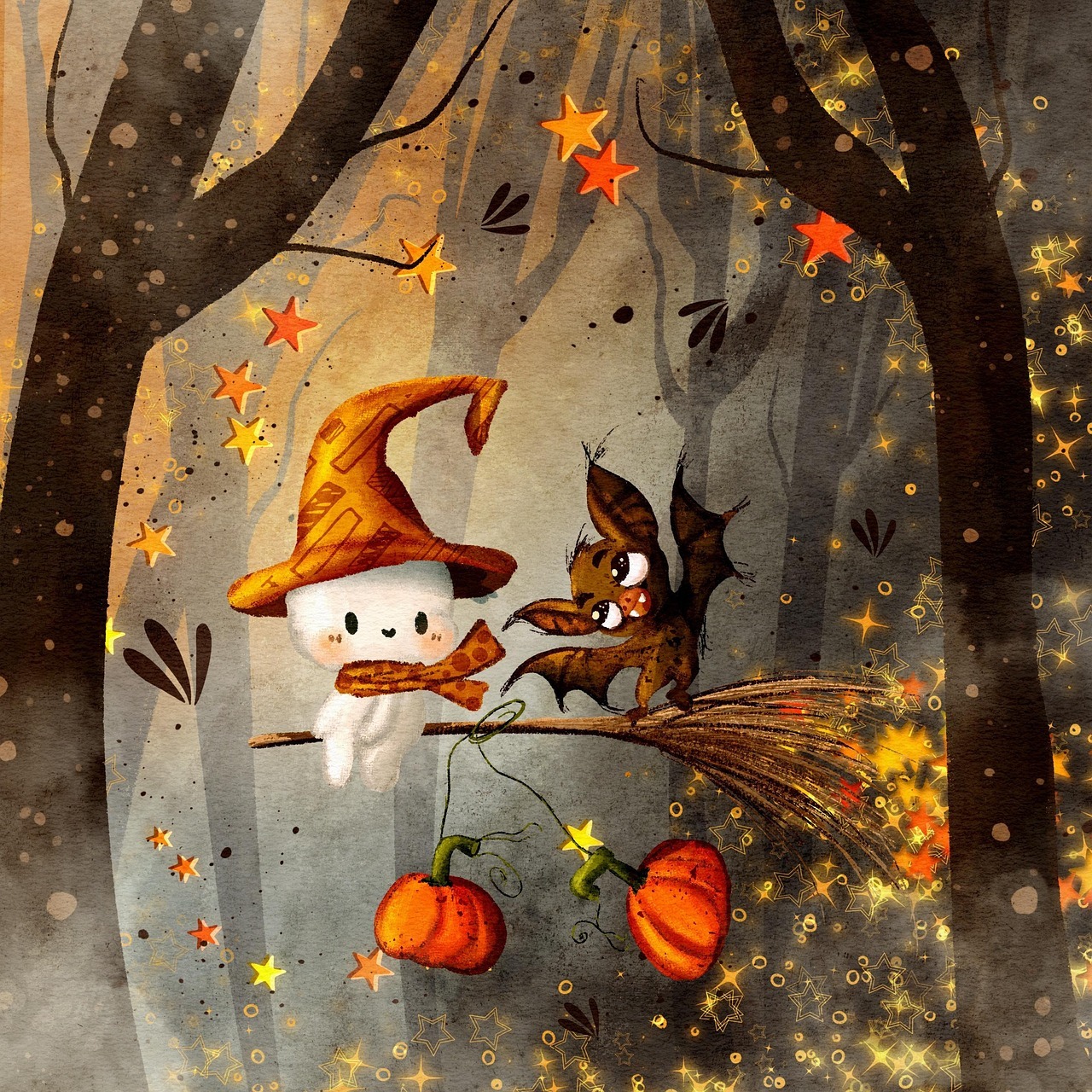 Cute ghost in witch hat with cat on tree branch surrounded by autumn leaves and pumpkins in enchanted forest