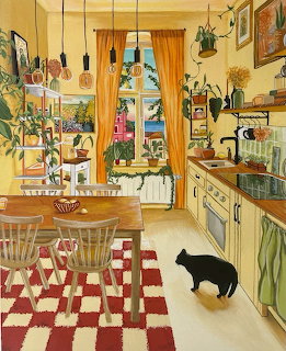 Painting of a cozy kitchen with red checkered floor, wooden furniture, yellow walls, pendant lights, and black cat