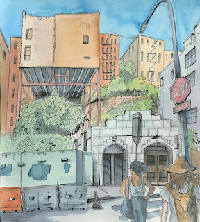 Illustrated urban street with stone archways, pastel buildings, trees, and two walking figures
