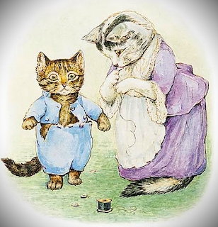 Vintage illustration of a clothed kitten beside a rabbit in a purple dress