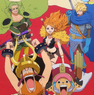 One Piece anime characters group illustration with vibrant colors showing crew members in action poses