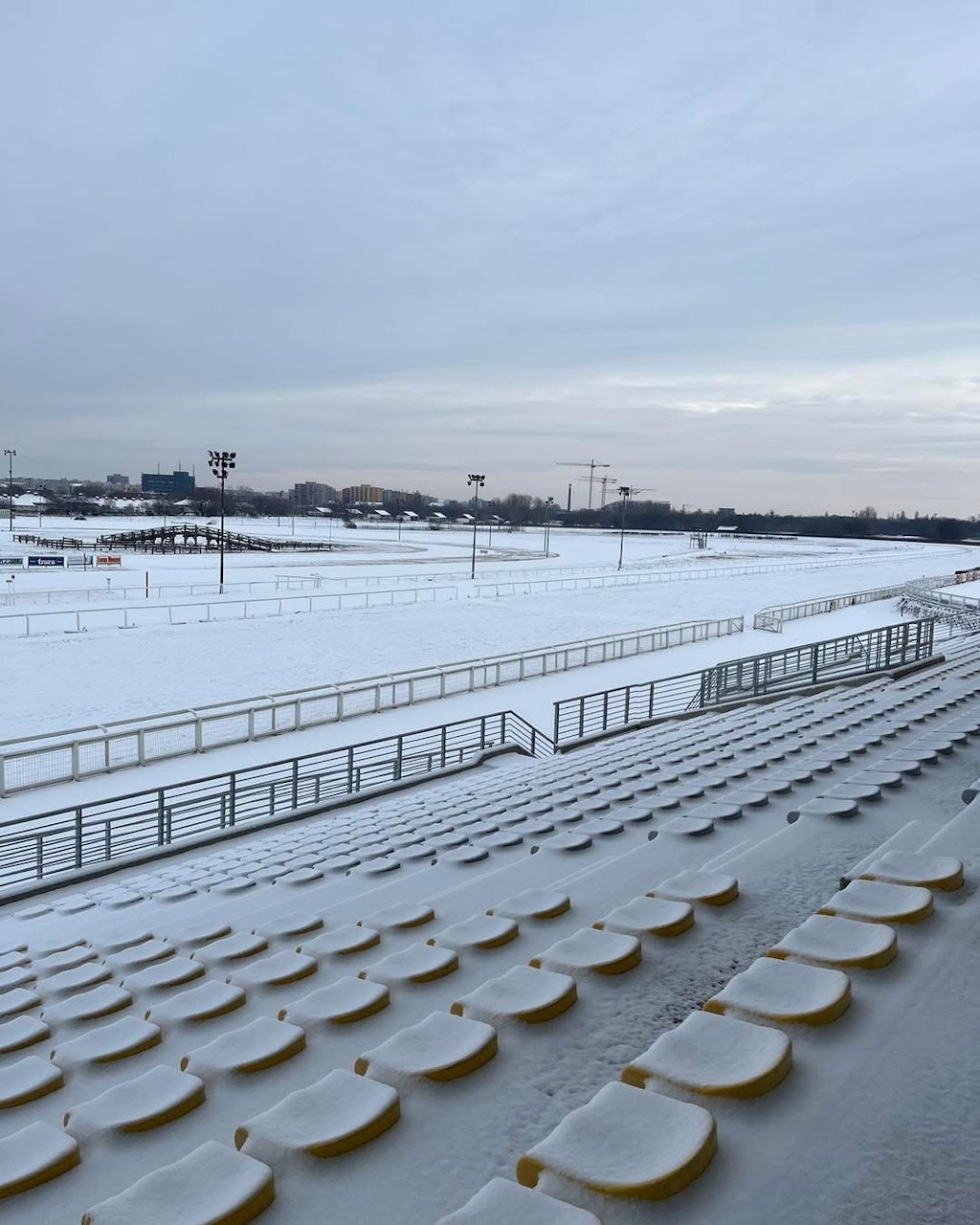Snow-covered horse racetrack with empty white seats under gray winter sky