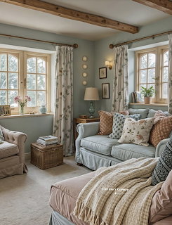 Cozy living room with sofas, floral curtains, wooden beams, and sunlit windows
