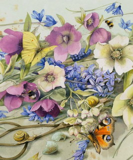Watercolor painting of spring flowers including hellebores and bluebells with butterflies, bees, and snails
