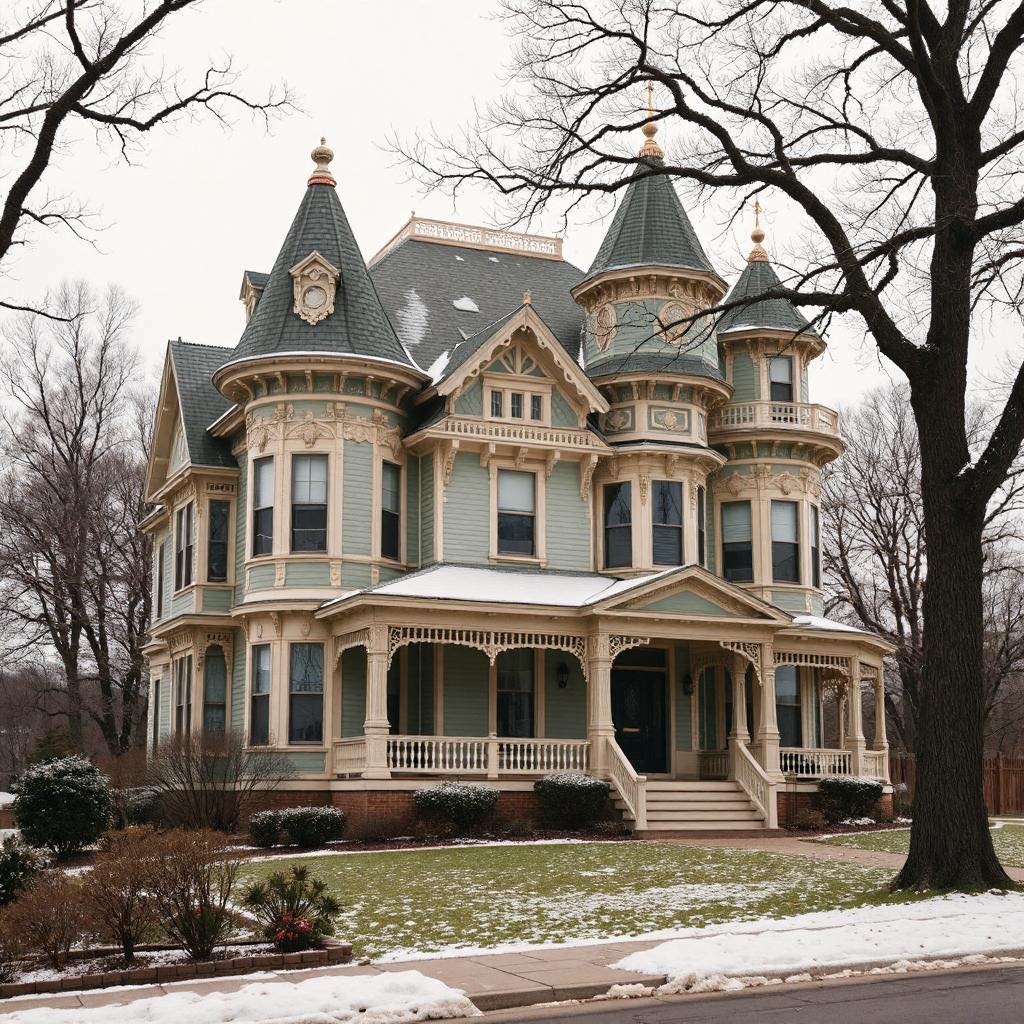 Large Victorian house with turrets and porch in winter setting with bare trees
