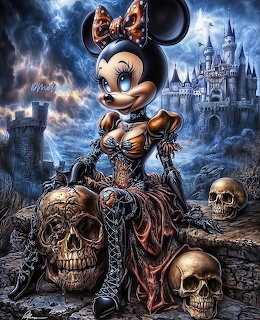 Gothic fantasy Minnie Mouse in a corset dress with skulls and a dark castle in the background