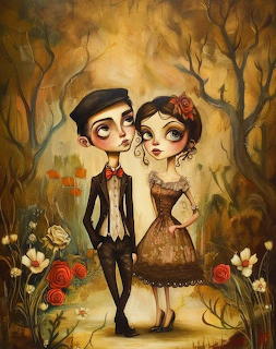Illustrated couple in vintage clothing standing in golden autumn forest with flowers